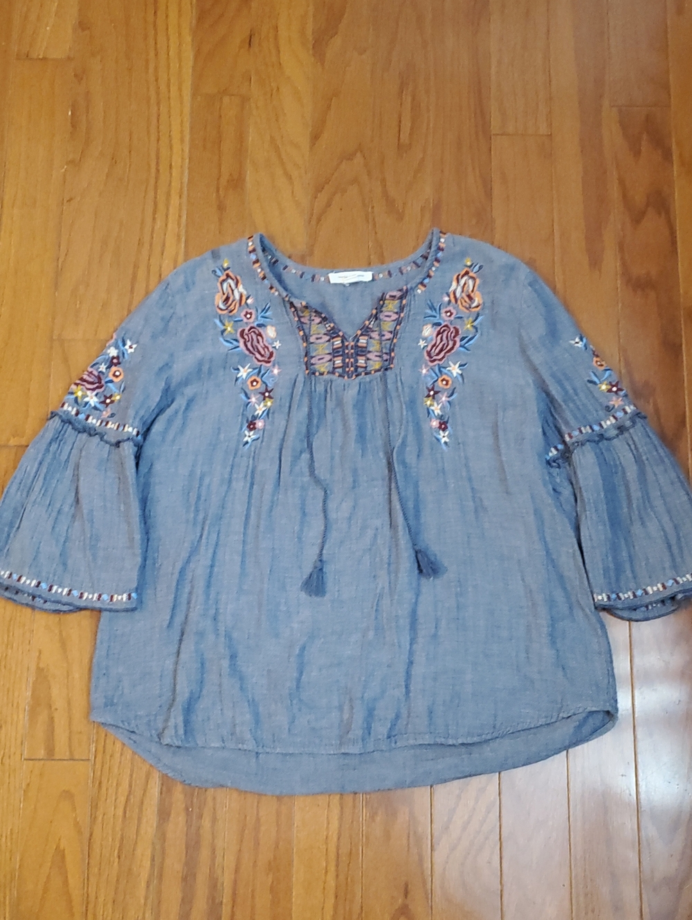 Beach Lunch Lounge Blue Embroidered Tunic Top Size XL Slub Cotton